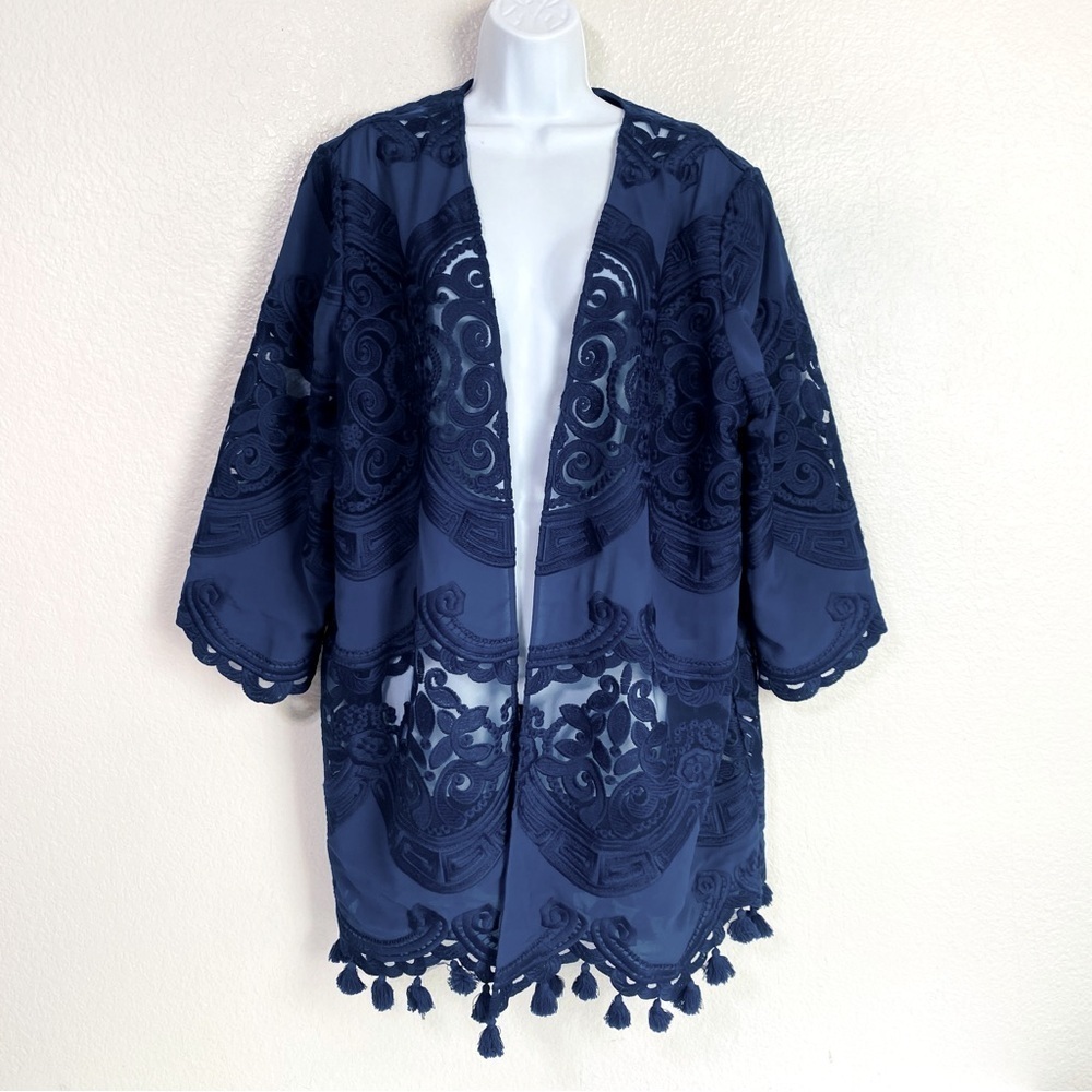 Chico’s Navy Lace Satin Open Front Kimono W/ Tassel Hem Size 20/22